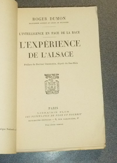 L'intelligence en face de la race. L'expérience de l'Alsace