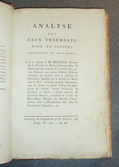 Analyse des eaux thermales d'Aix (en Savoie), Département du Mont-Blanc