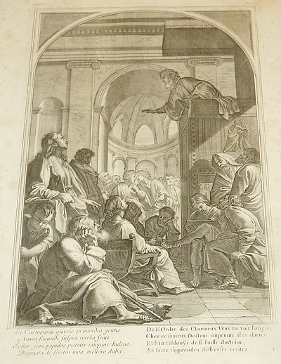 La vie de St Bruno, fondateur de l'Ordre des Chartreux, peinte au Cloistre de la Chartreuse de Paris par Eustache Le Sueur, Peintre ordinaire du Roy, gravée par François Chavueau (Chauveau), de l'académie Royale de peinture et sculpteur