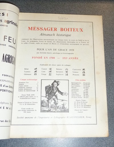 Le Véritable Messager Boiteux de Berne et Vevey, pour l'An de grâce 1959. Almanach historique. 252e année