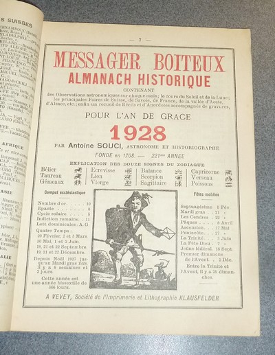 Le Véritable Messager Boiteux de Berne et Vevey, pour l'An de grâce 1928. Almanach historique. 221e année