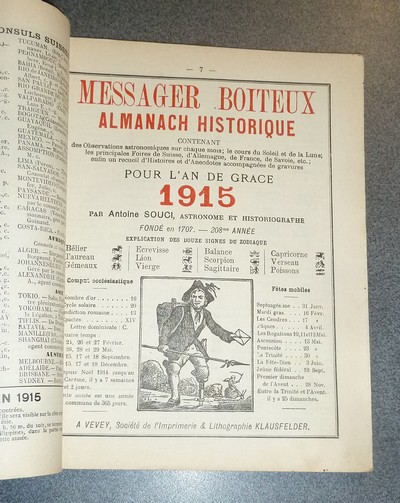 Le Véritable Messager Boiteux de Berne et Vevey, pour l'An de grâce 1915. Almanach historique. 208e année
