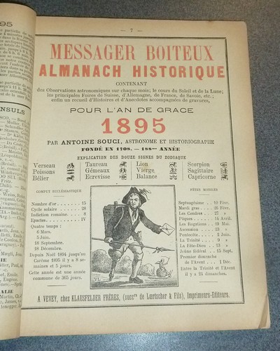 Le Véritable Messager Boiteux de Berne et Vevey, pour l'An de grâce 1895. Almanach historique. 188e année