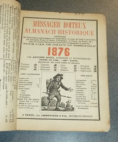 Le Véritable Messager Boiteux de Berne et Vevey, pour l'An de grâce 1876. Almanach historique. 169e année