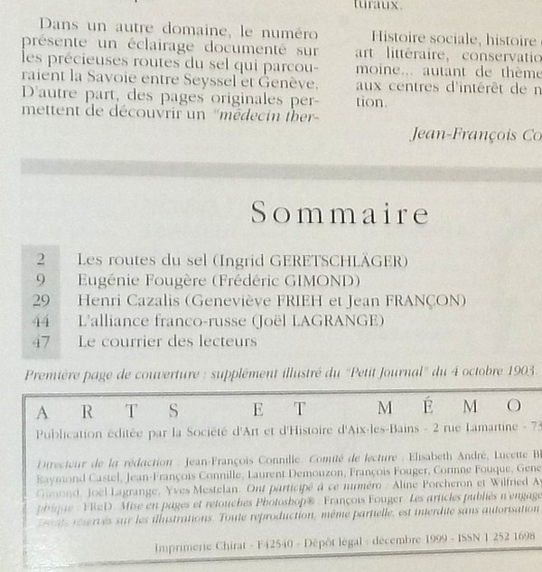 Arts et mémoire d'Aix-les-Bains N° 14 - Le drame d'Aix les Bains, découverte du cadavre d'Eugénie Fougère - La route du sel - l'alliance Franco-russe