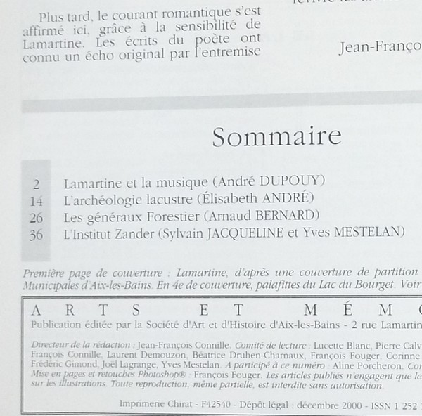 Arts et mémoire d'Aix-les-Bains N° 16 - Lamartine et la musique - L'archéologie lacustre - Les Généraux Forestier - L'institut Zender