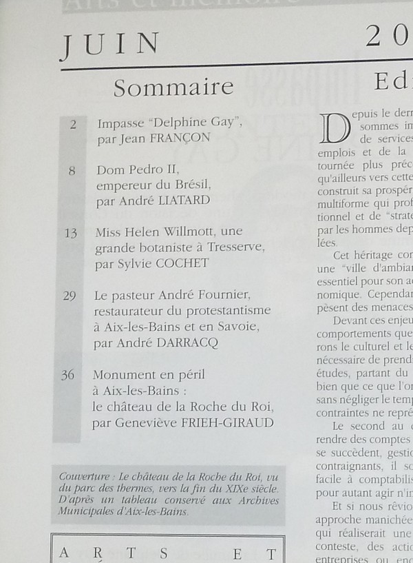 Arts et mémoire d'Aix-les-Bains N° 22 - Delphine Gay - Le château de la Roche du Roi - Ellen Wilmott à Tresserve - L'asile évangélique - Don Pedro II