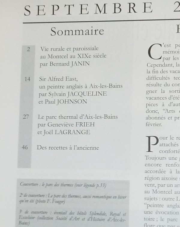 Arts et mémoire d'Aix-les-Bains N° 41 - Le parc thermal d'Aix les Bains - Sir Alfred East, un peintre à Aix - Le Montcel au XIXe siècle