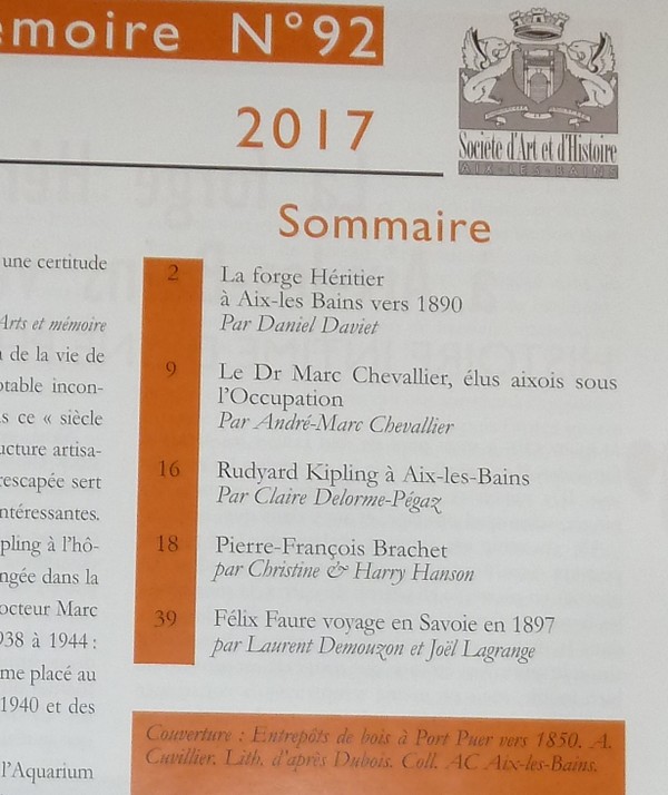 Arts et mémoire d'Aix-les-Bains N° 92 - La forge Héritier à Aix les Bains vers 1890 - Rudyard Kipling à Aix les Bains - Marc Chevallier élu aixois - Pierre-François Brachet - Félix Faure en Savoie