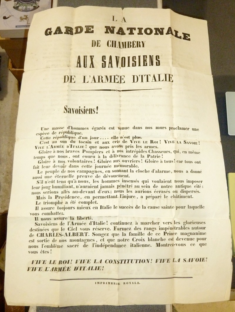 Placard « La Garde Nationale de Chambéry aux Savoisiens de l'Armée d'Italie » - 