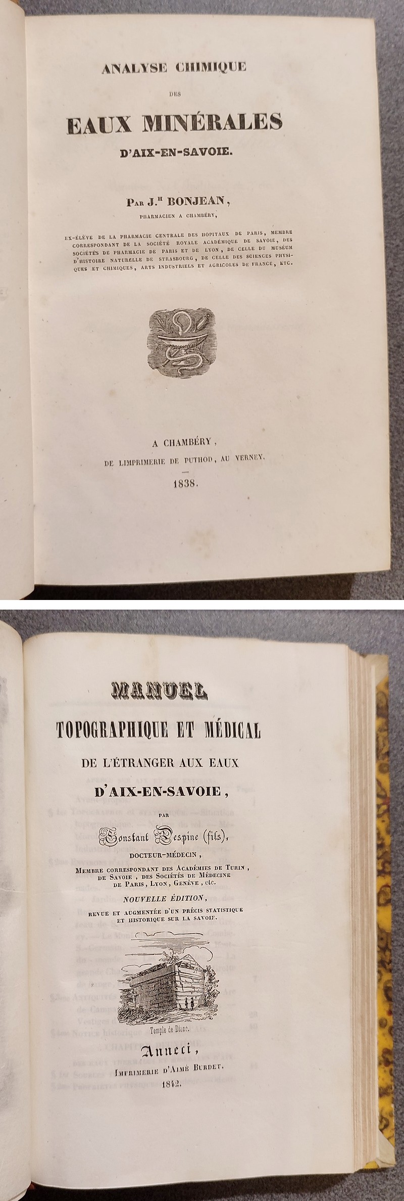 Analyse chimique des eaux minérales d'Aix en Savoie par Bonjean, relié avec le Manuel topographique et médical de l'étranger aux eaux d'Aix-en-Savoie par Despine