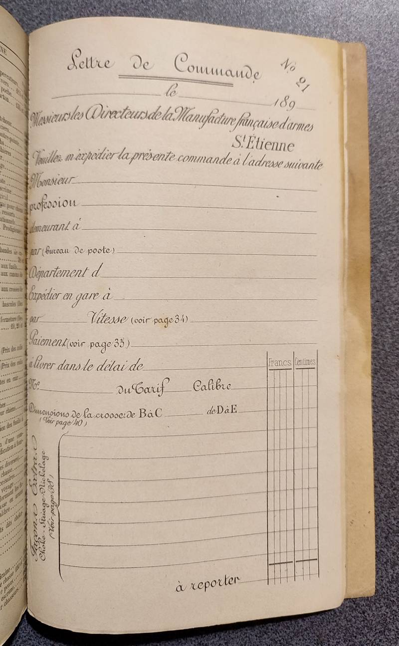Catalogue de la Manufacture Française d'Armes de Saint-Étienne (entre 1890 et 1899), bon de commande n° 21