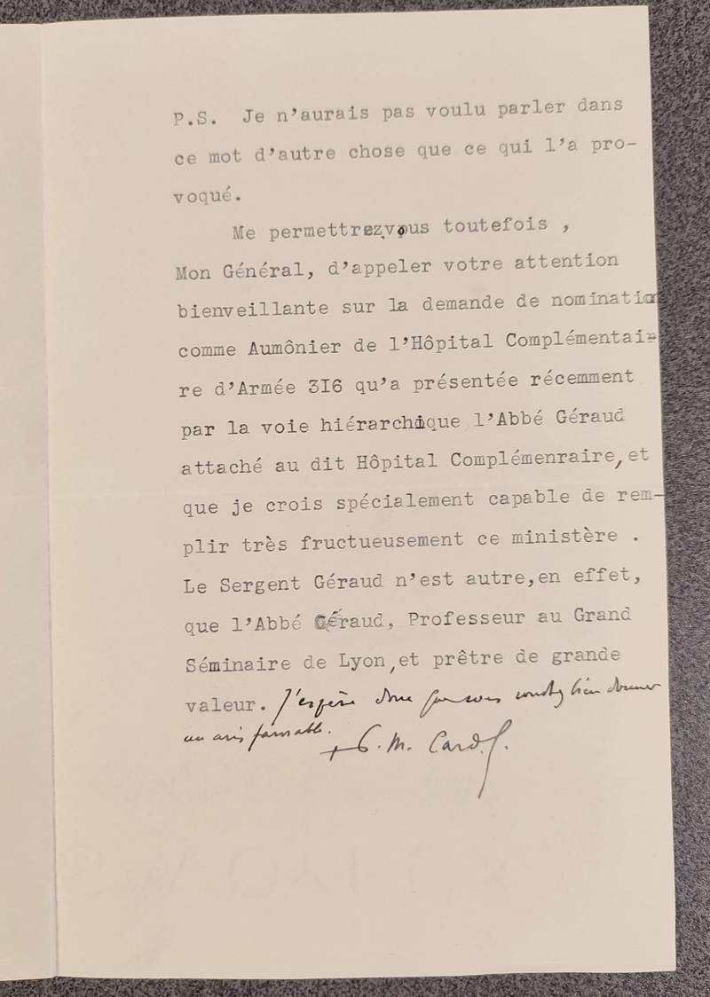 Lettre tapuscrite signée du 16 février 1940 adressée au Général Touchon