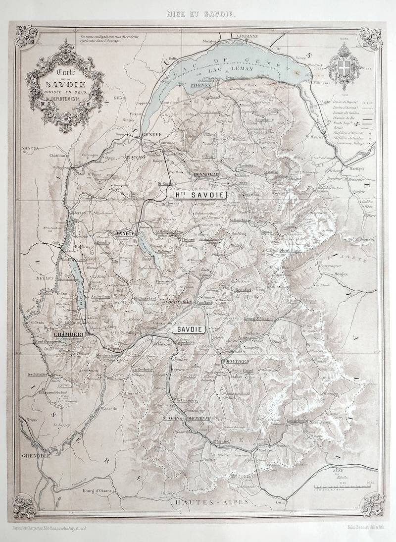 Lithographie originale tirée du Nice et Savoie - Carte de la Savoie divisée en deux départements