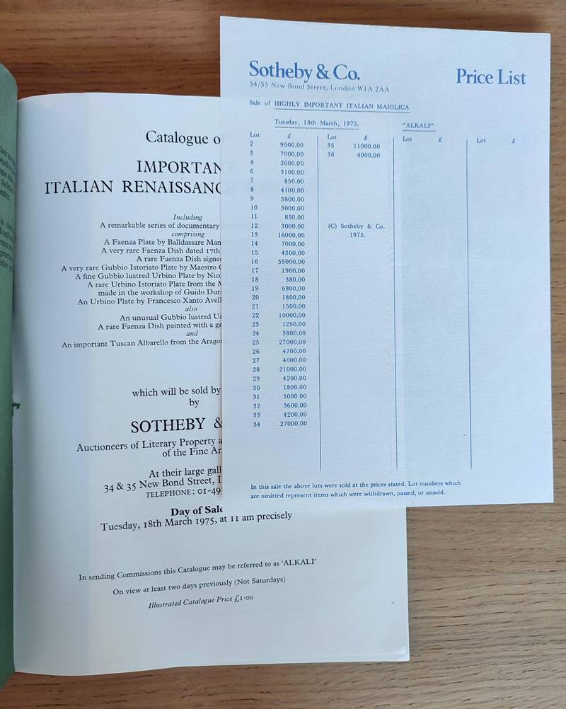 Sotheby's. Catalogue of highly important italian maiolica. 18 th march 1975