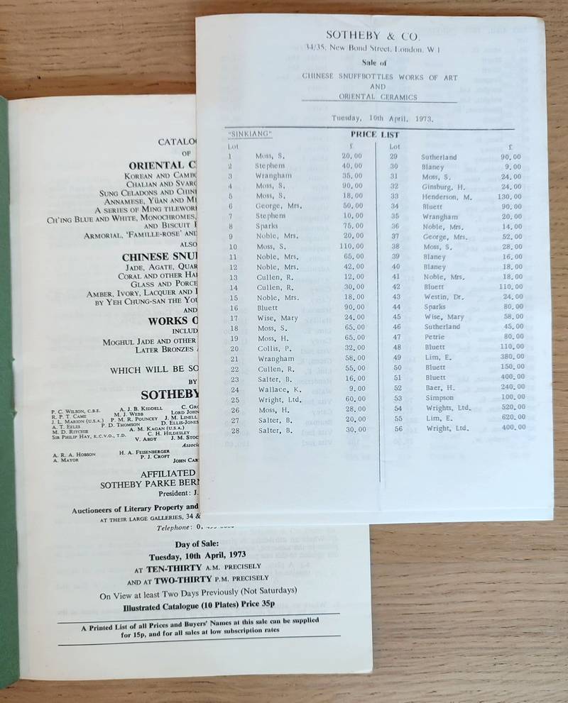 Sotheby and Co. Catalogue of chinese snuffbottles works of art and oriental ceramics. 10 th april 1973