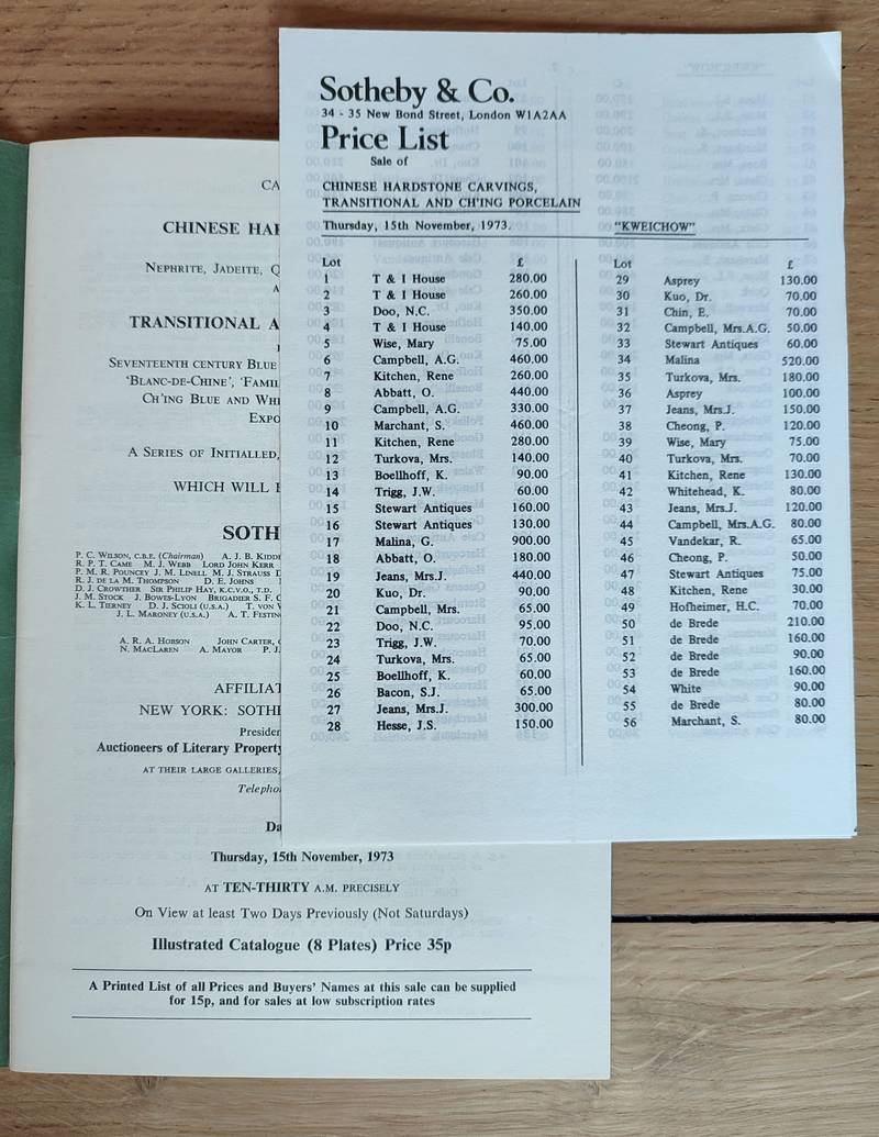 Sotheby and Co. Catalogue of chinese hardstone carvings transitional and Ch'ing porcelain. 15 november 1973