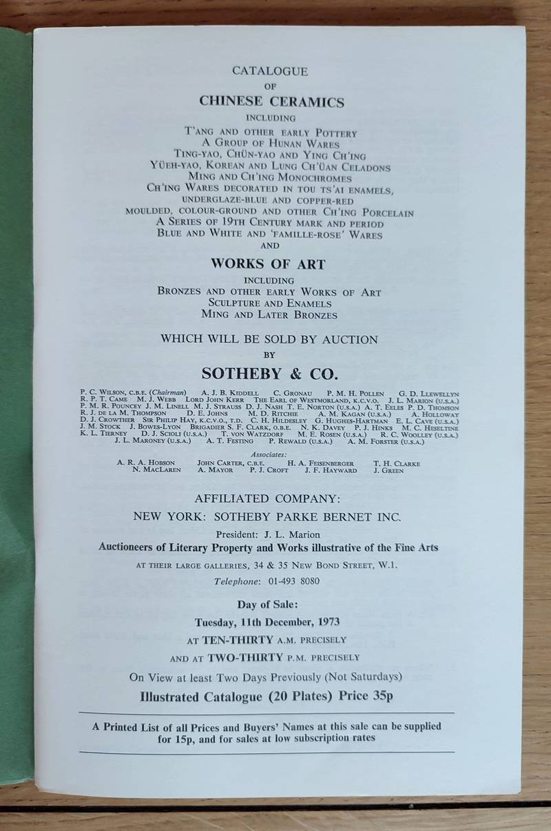 Sotheby and Co. Catalogue of chinese ceramics and works of art. 11 december 1973