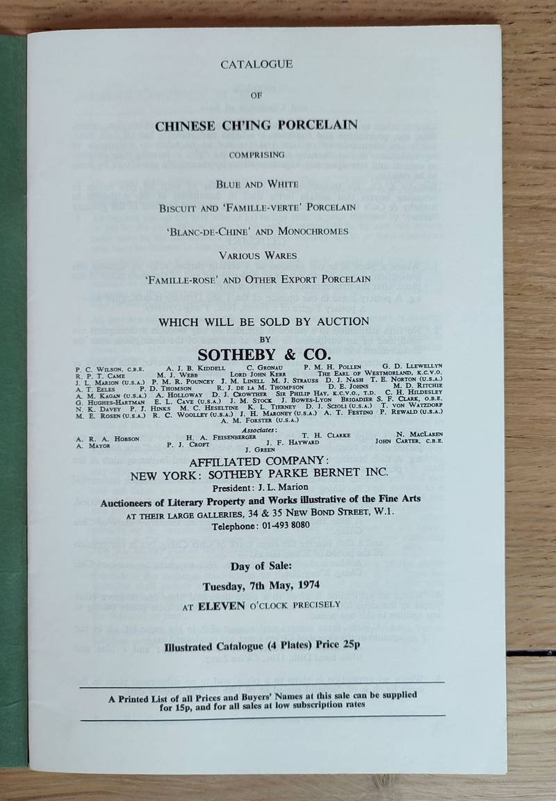 Sotheby and Co. Catalogue of chinese ch'ing porcelain. 7 may 1974