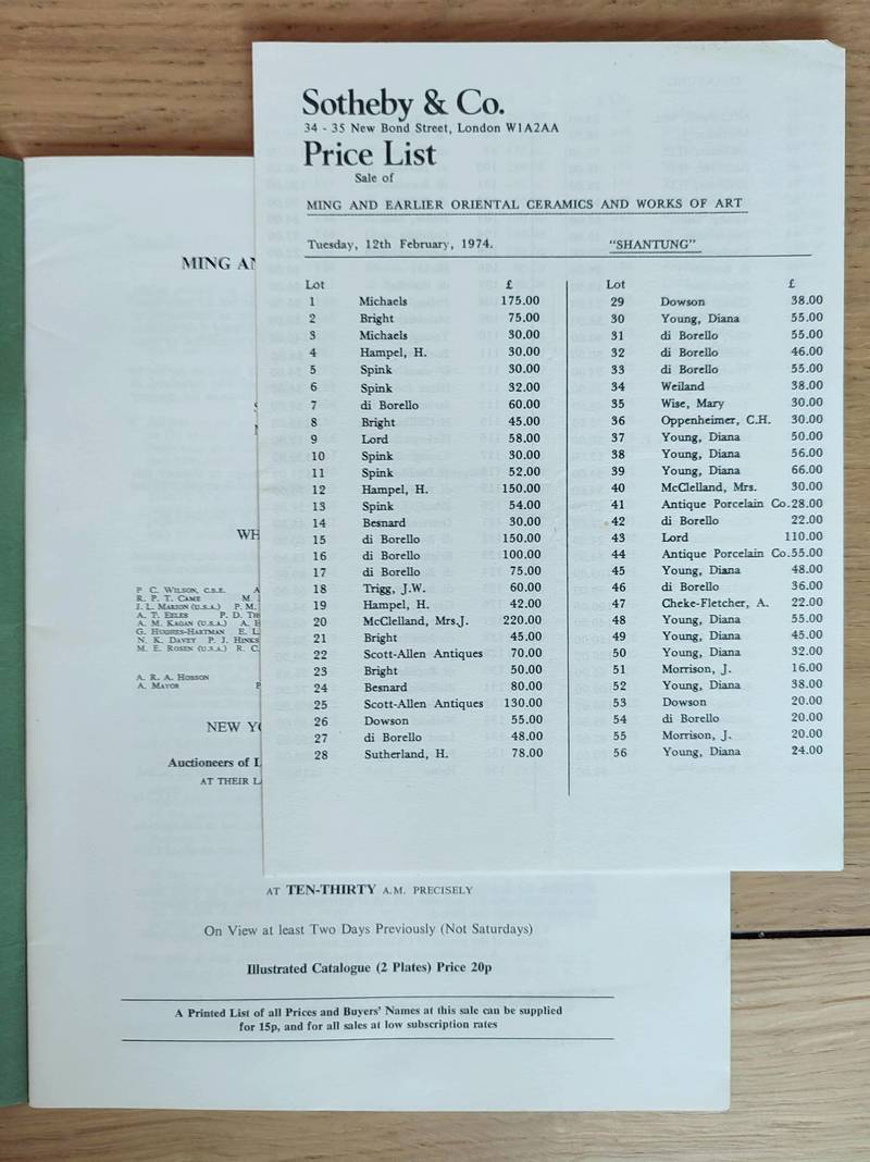 Sotheby and Co. Catalogue of Ming and earlier oriental ceramics and works of art. 12 february 1974
