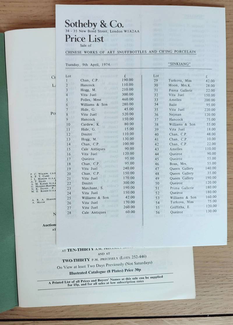 Sotheby and Co. Catalogue of chinese works, snuffbottles and ch'ing porcelain. 9 april 1974