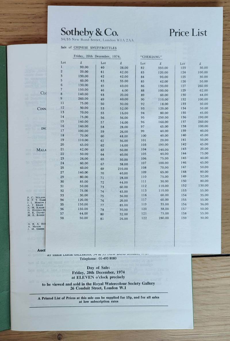 Sotheby and Co. Catalogue of fine chinese snuffbottles. 20 december 1974
