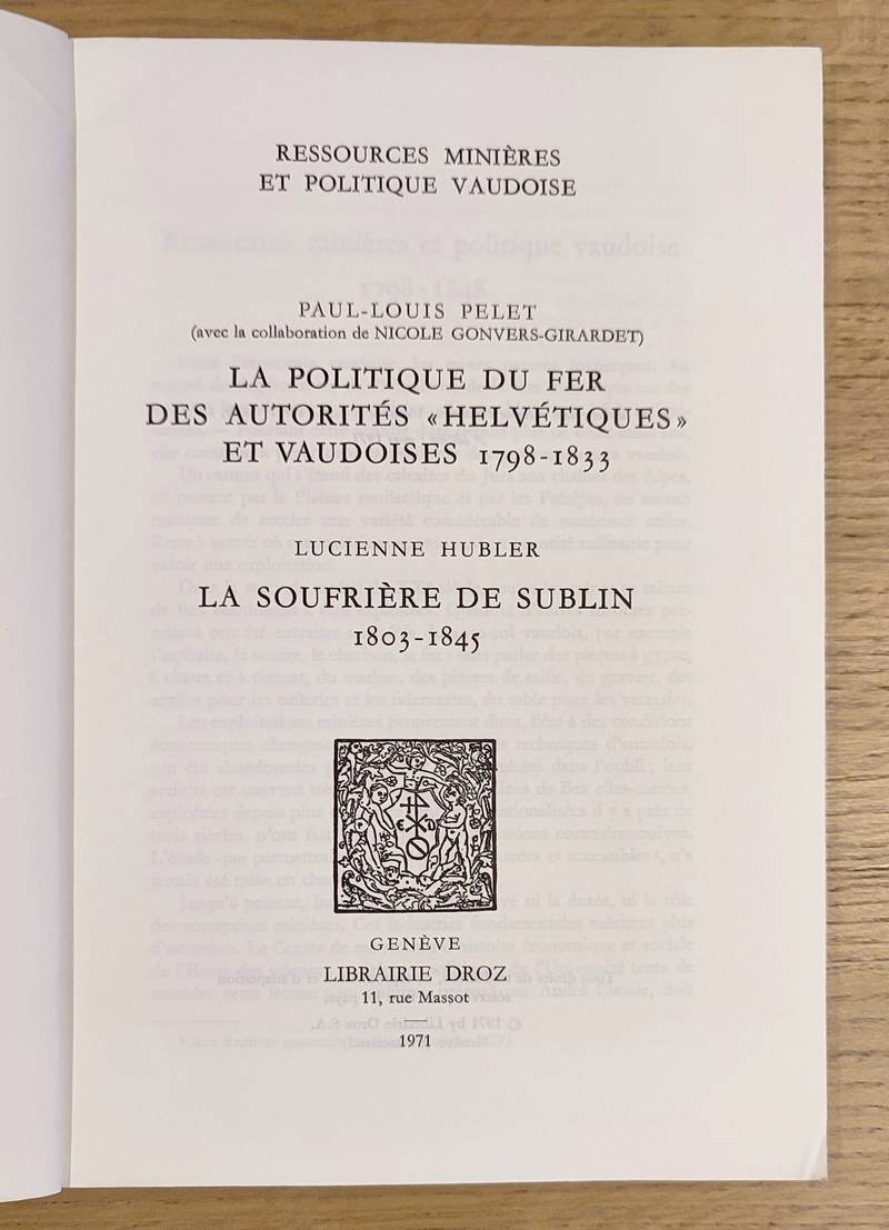 Ressources minières et politique vaudoise 1798 - 1848