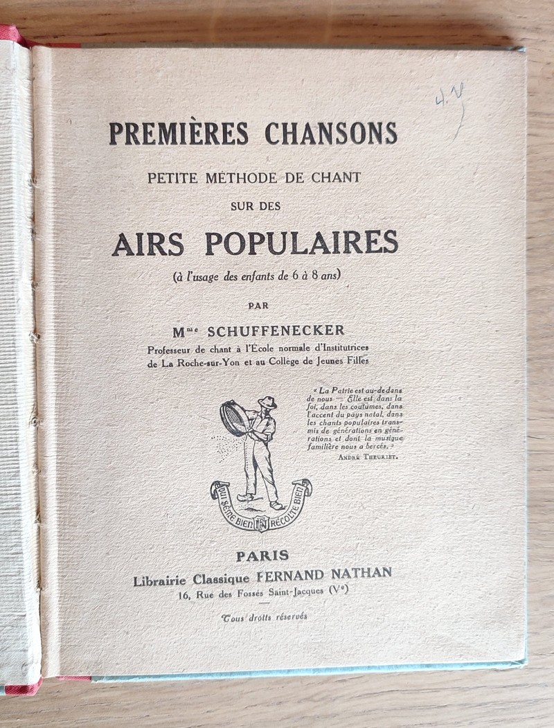 Premières chansons. Petite méthode de chant sur des airs populaires à l’usage des enfants de 6 à 8 ans