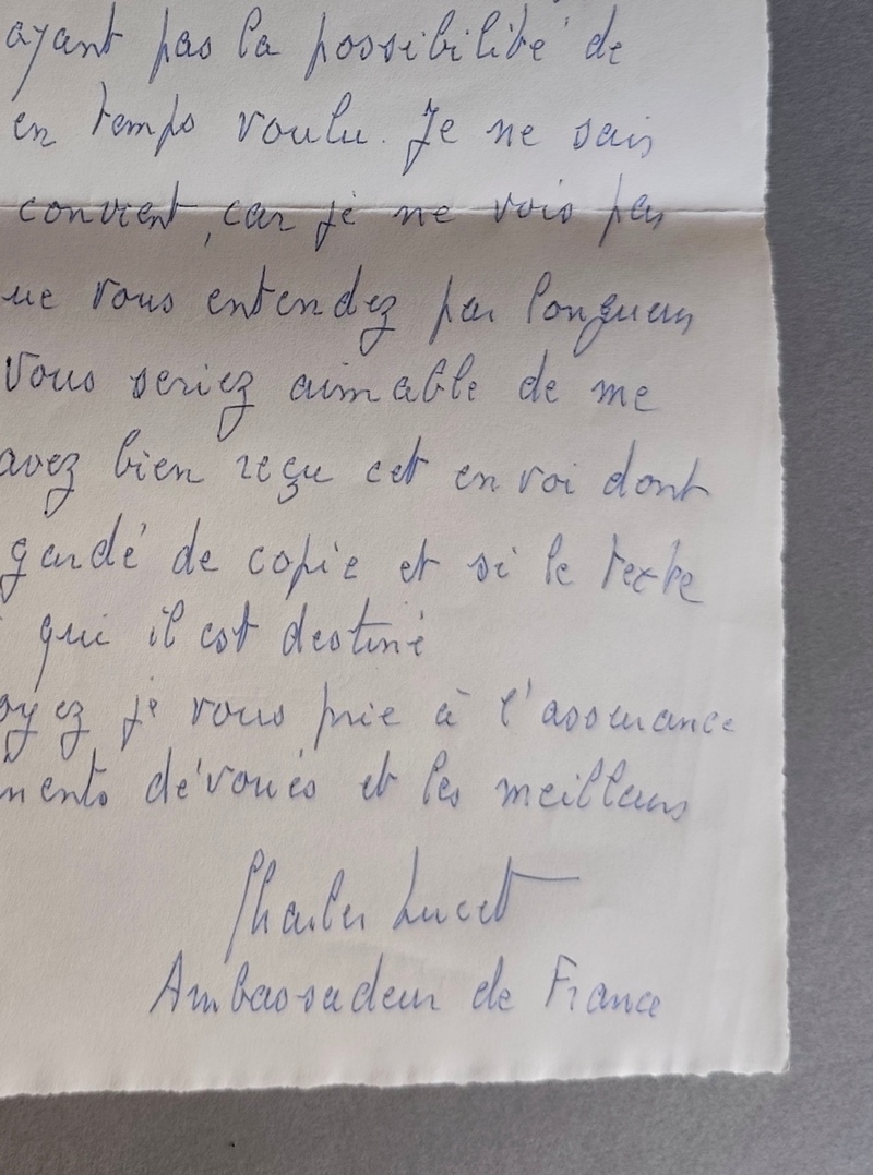 Lettre autographe signée de Charles Lucet, Ancien ambassadeur de France avec texte autographe de 6 pages sur André Malraux