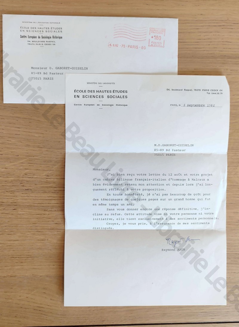 Lettre tapuscrite signée de Raymond Aron en date du 2 septembre 1982