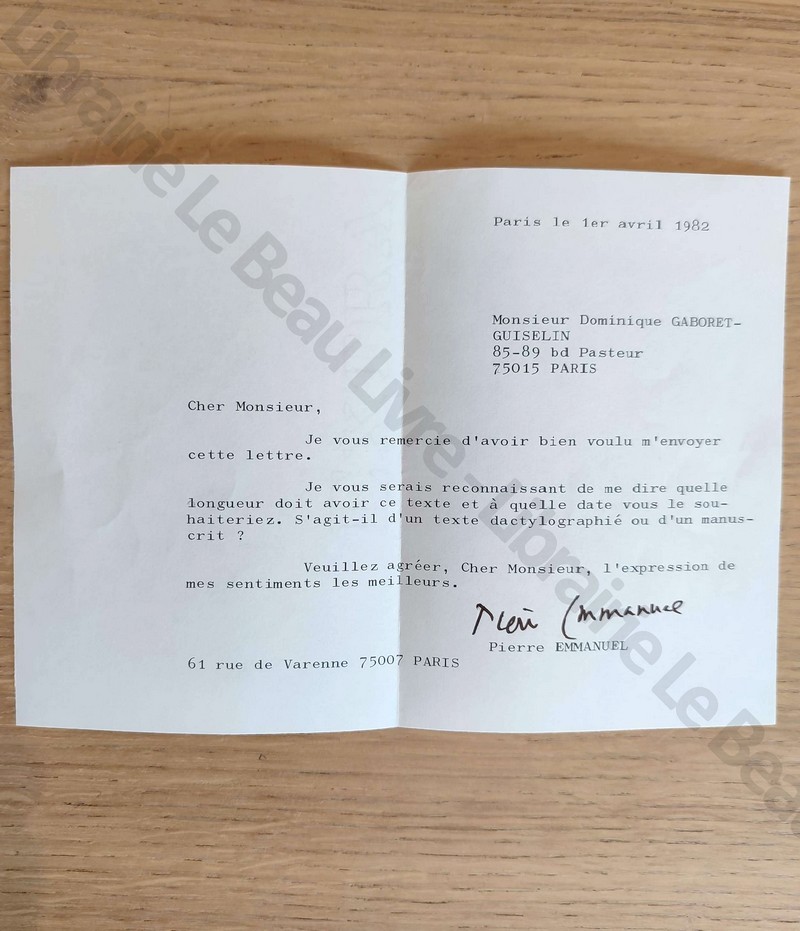 Lettre tapuscrite de 5 lignes signée de Pierre Emmanuel en date du 1er avril 1982