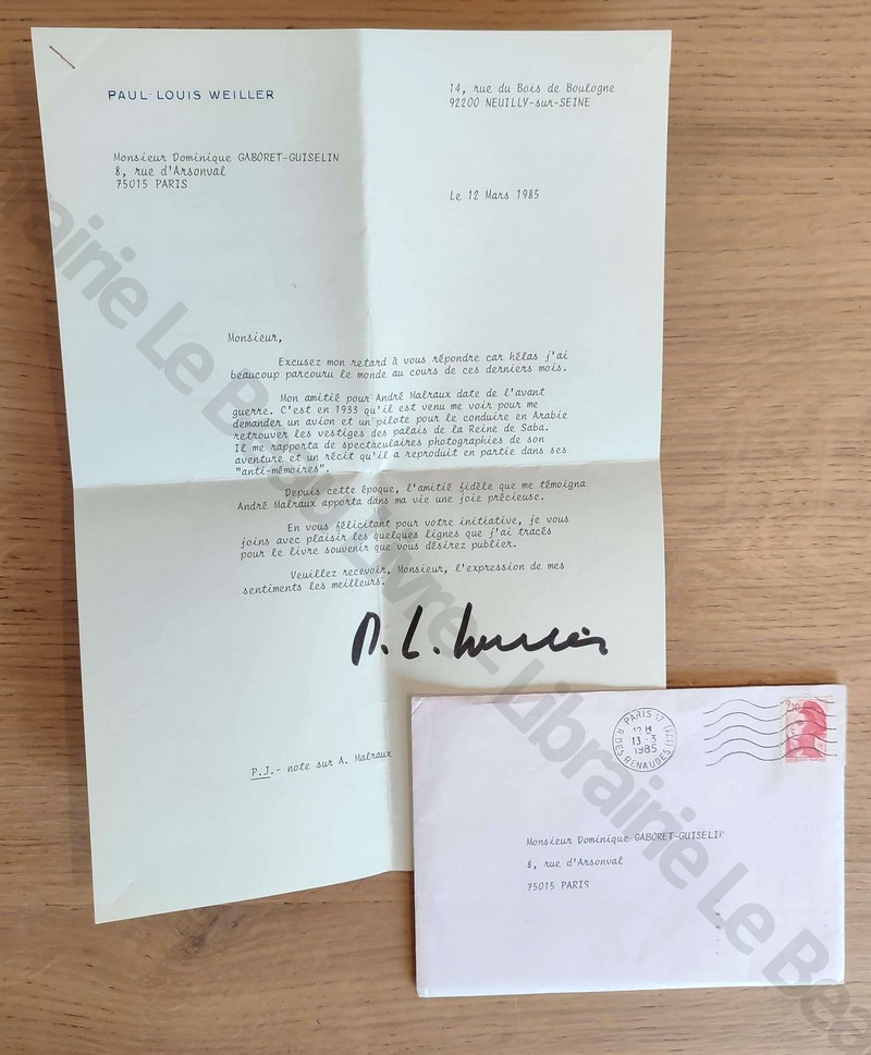 Lettre tapuscrite signée de Paul-Louis Weiller en date du 12 mars 1985, suivi d'une page rendant...