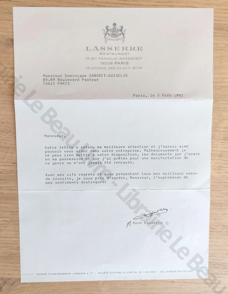 Lettre tapuscrite signée par René Lasserre en date du 5 mars 1982