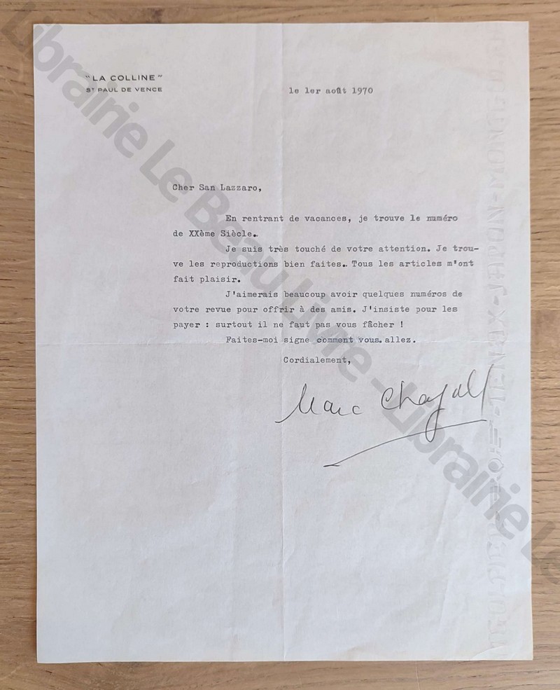 Lettre tapuscrite de 7 lignes signée de Marc Chagall en date du 1er août 1970 à l'attention de...