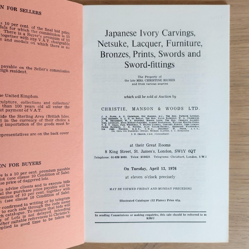 Japanese ivory carvings, Netsuke, Lacquer, furniture, bronzes, prints, swords and swords-fittings. Christie's, on April 13, 1976