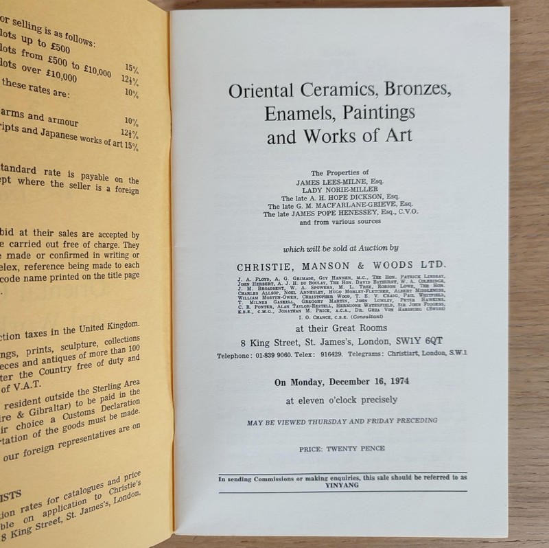 Oriental ceramics, bronzes, enamels, paintings and works of art. Christie's, on December 16, 1974