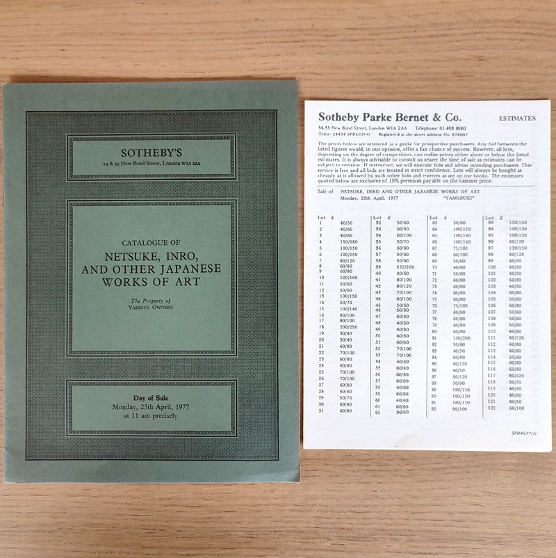 Catalogue of netsuke, inro, and other japanese works of art. Sotheby's, 25 th april, 1977