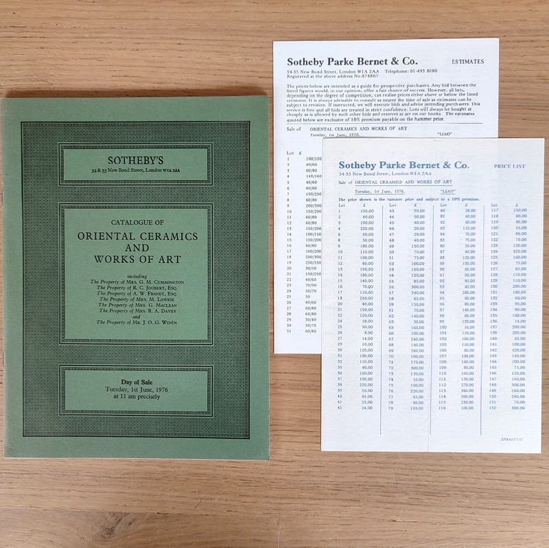 Catalogue of oriental ceramics and works of art. Sotheby's, 1th june, 1976