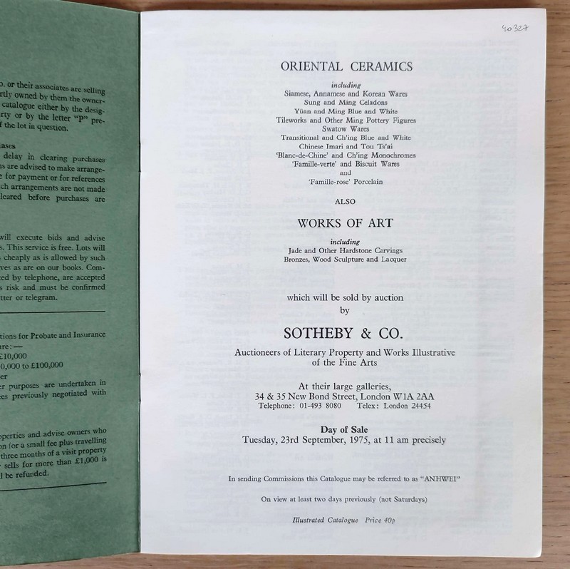 Catalogue of Oriental ceramics and works of art. Sotheby's, 23th September, 1975