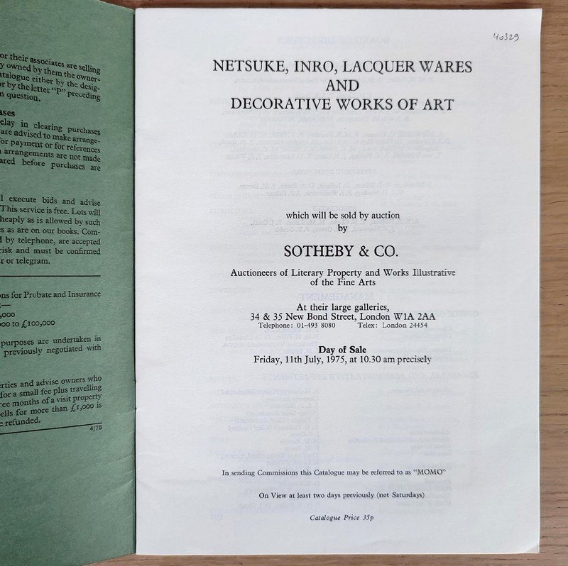 Catalogue of Netsuke, Inro, Lacquer wares and decorative works of art. Sotheby's, 11th July, 1975