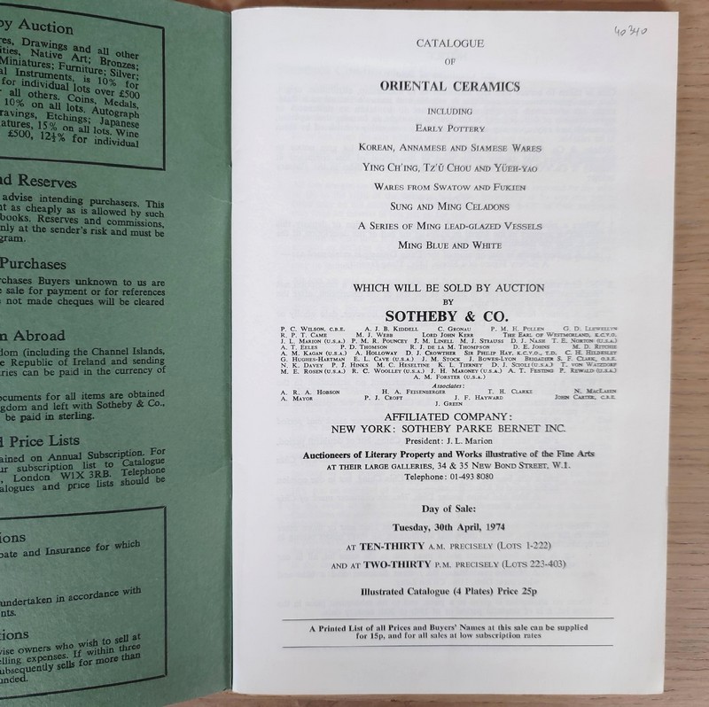 Catalogue of oriental ceramics. Sotheby's, 30th April, 1974