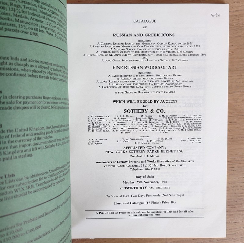 Catalogue of Russian and Greek icons and fine russian works of art. Sotheby's, 25th November, 1974