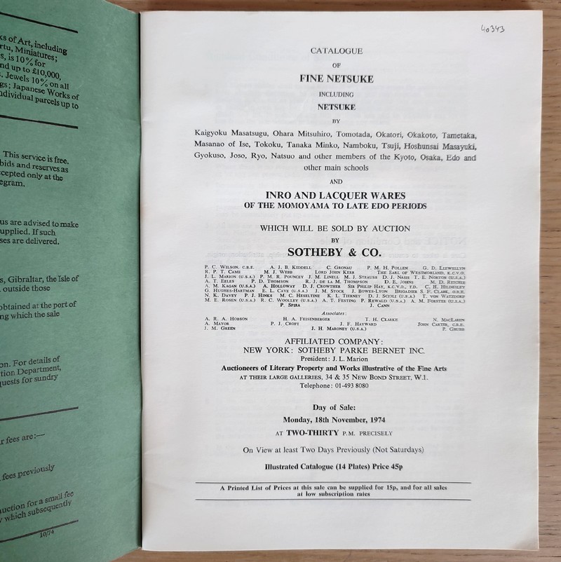 Catalogue of fine Netsuke, inro and lacquer wares. Sotheby's, 18th November, 1974