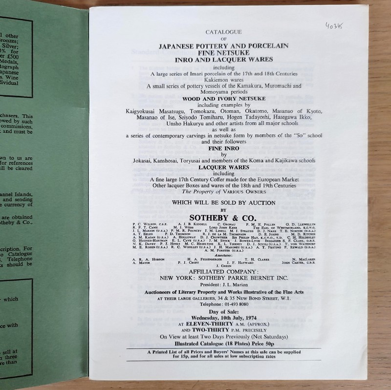 Catalogue of Japanese Pottery and porcelain, fine Netsuke, inro and lacquer wares. Sotheby's, 10th July, 1974