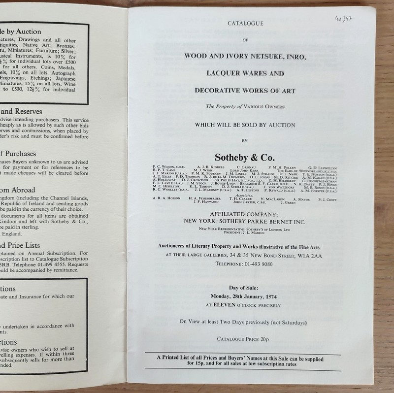 Catalogue of wood and ivory Netsuke, inro, lacquer wares, and decorative works of art. Sotheby's, 28th January, 1974