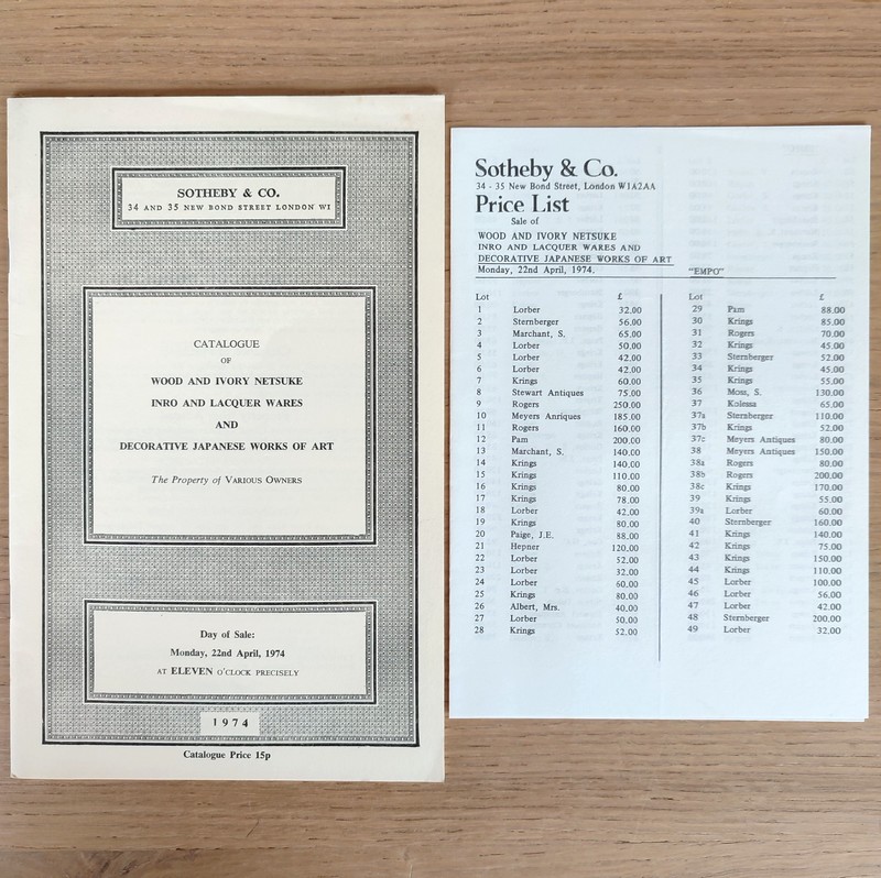 Catalogue of wood and ivory Netsuke, inro, lacquer wares, and decorative japanese works of art. Sotheby's, 22th April, 1974