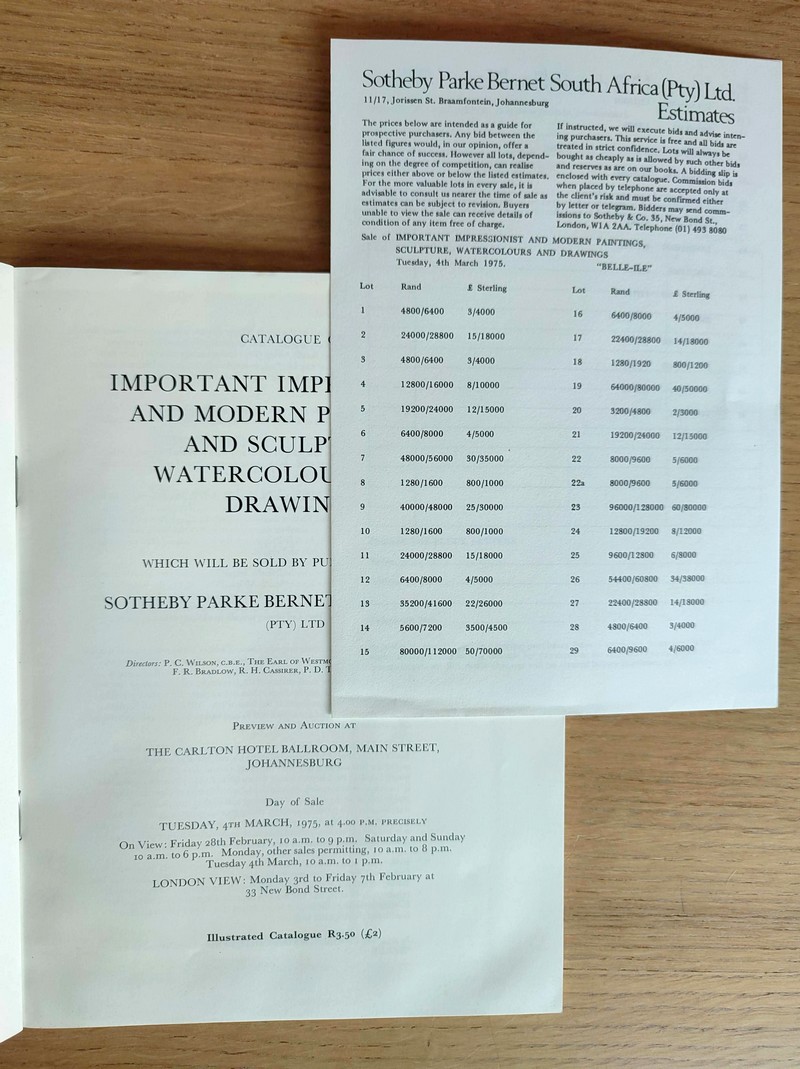 Important impressionist and modern paintings and sculpture, watercolours and drawings. Sotheby Parke bernet south Africa, tuesday, 4 march 1975