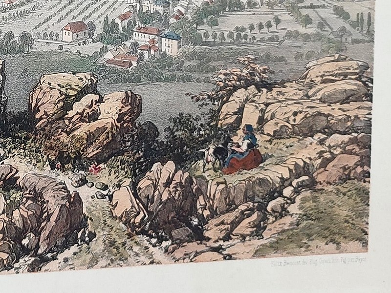 Lithographie originale tirée du Nice et Savoie - Aix les Bains et le lac du Bourget. Vue prise des Rochers du Roi (dépt. de la Savoie)