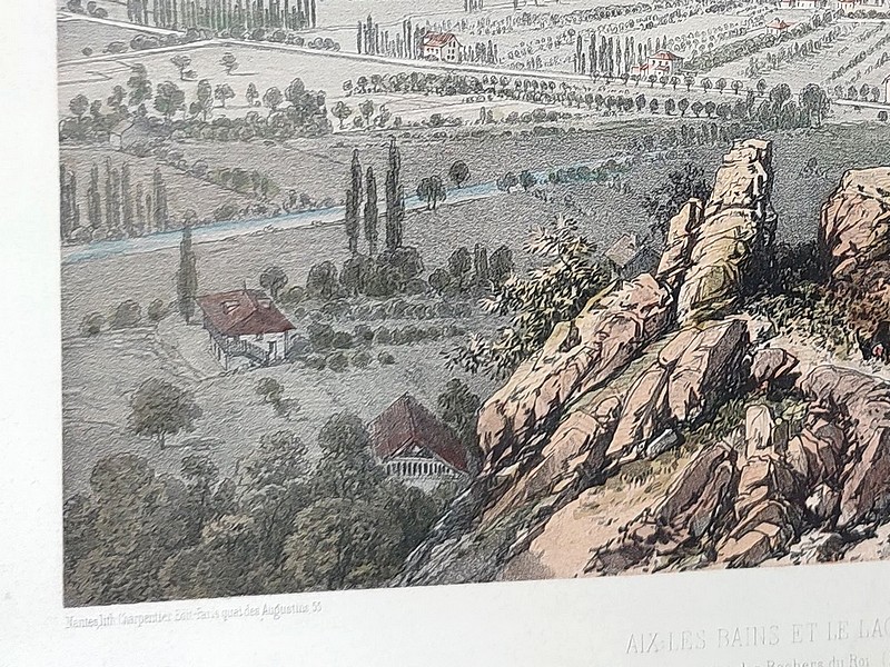 Lithographie originale tirée du Nice et Savoie - Aix les Bains et le lac du Bourget. Vue prise des Rochers du Roi (dépt. de la Savoie)
