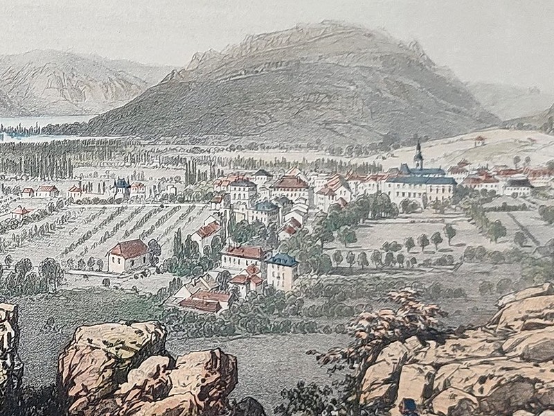 Lithographie originale tirée du Nice et Savoie - Aix les Bains et le lac du Bourget. Vue prise des Rochers du Roi (dépt. de la Savoie)